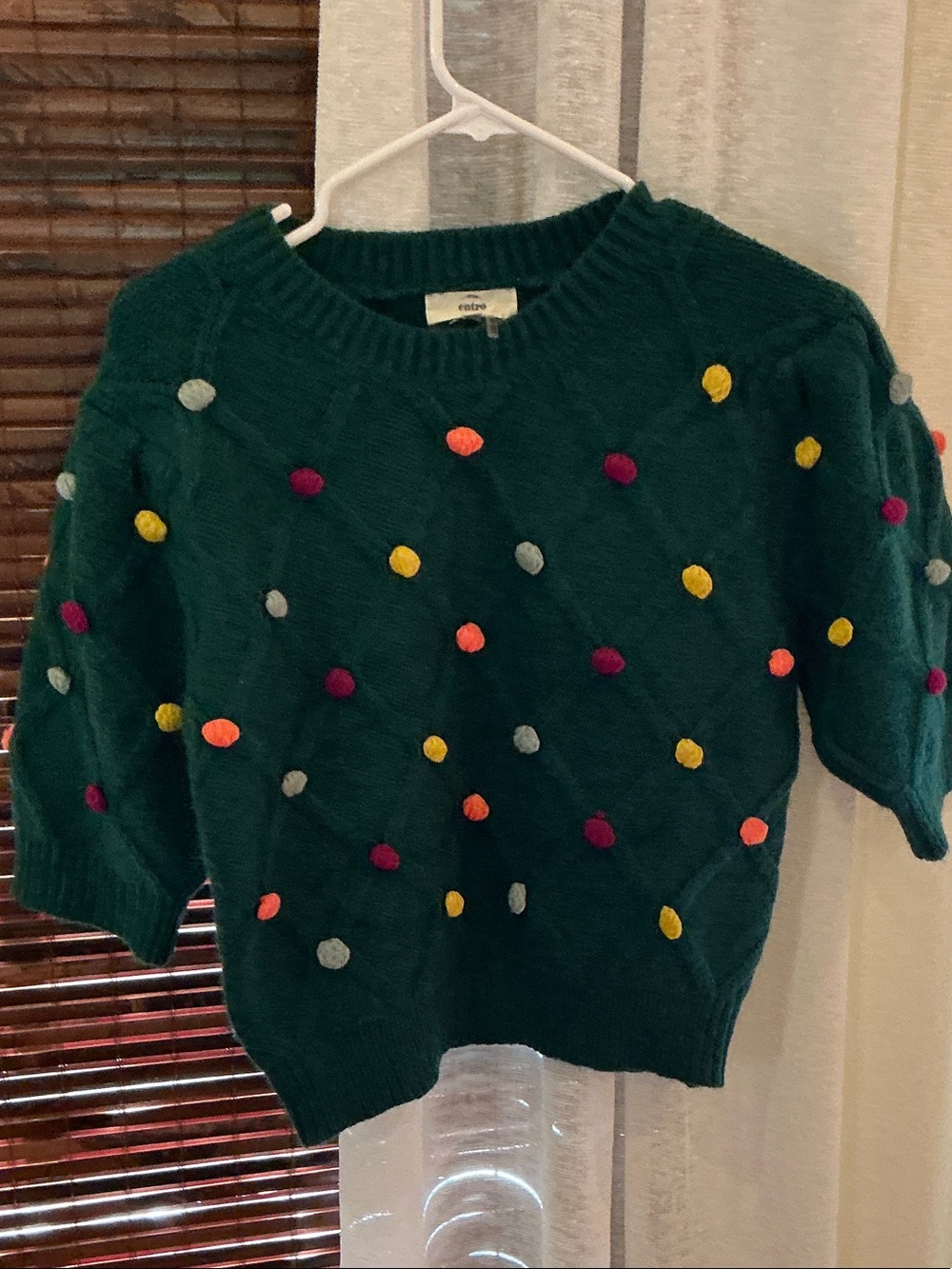 entro Deep Green Crewneck Sweater with Multicolor Pom-Poms